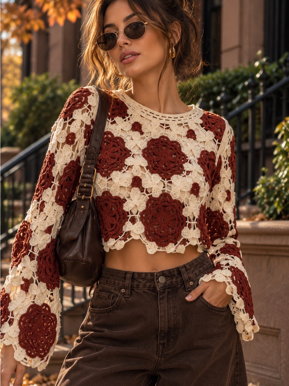 Crochet Floral Crop Sweater - Cream & Rust